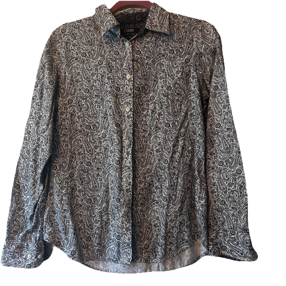Chaps Women No Iron Paisley Button Down Shirt Black and White Medium Blouse Top